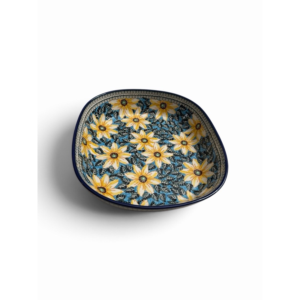 Unikat Polish Pottery Baking Dish 13.75" x 12.5" Black Eyed Susans Signed